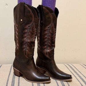 Chic Western Brown Pull on Heeled Boots